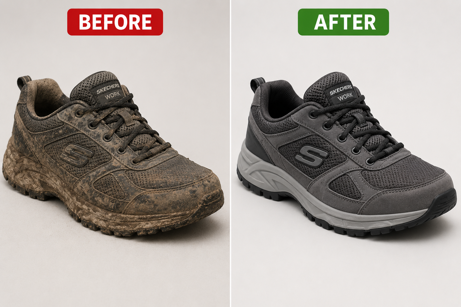Before and after: muddy grey Skechers sneaker fully restored after a SoleFresh wash