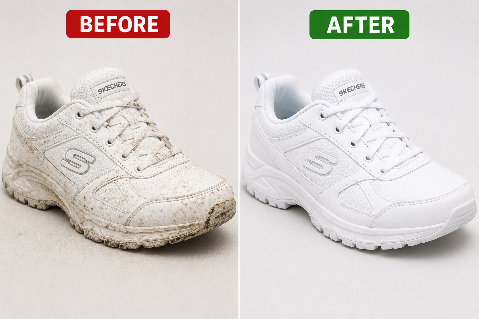 Before and after: dirty white sneaker washed spotless with SoleFresh
